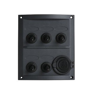 Schwarzes ABS-Elektropanel 5 Schalter und 12-V-Steckdose 110 x H125 mm Schwarzes ABS-Elektropanel 5 Schalter und 12-V-Steckdose 110 x H125 mm