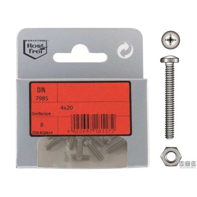 Packung Linsenkopfschrauben Phillips A4 DIN 7985 6x40 mit Muttern 4 Stück Packung Linsenkopfschrauben Phillips A4 DIN 7985 6x40 mit Muttern 4 Stück