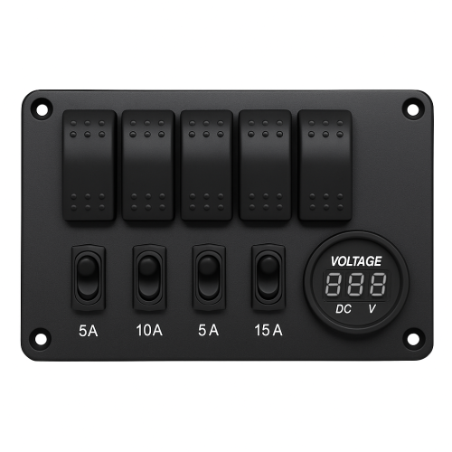 Aluminium Schwarzpanel mit Kippschaltern und Sicherungsschaltern 5 + Voltmeter (3x5a/1x10a/1x15a) Abmessungen 191 x 115 mm