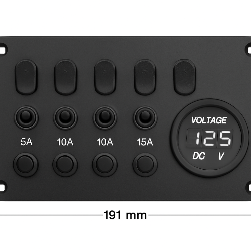 Aluminium Schwarzpanel mit Kippschaltern und Sicherungsschaltern 5 + Voltmeter (3x5a/1x10a/1x15a) Abmessungen 191 x 115 mm