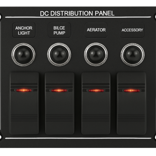 Aluminium Schwarzpanel mit Kippschaltern und Sicherungsschaltern 5 + Voltmeter (3x5a/1x10a/1x15a) Abmessungen 191 x 115 mm