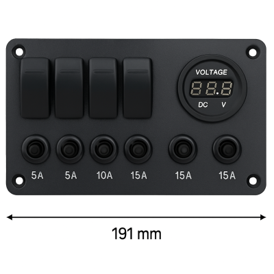 Aluminium Schwarzpanel mit Kippschaltern und Sicherungsschaltern 5 + Voltmeter (3x5a/1x10a/1x15a) Abmessungen 191 x 115 mm