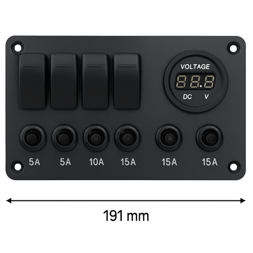 Aluminium Schwarzpanel mit Kippschaltern und Sicherungsschaltern 5 + Voltmeter (3x5a/1x10a/1x15a) Abmessungen 191 x 115 mm