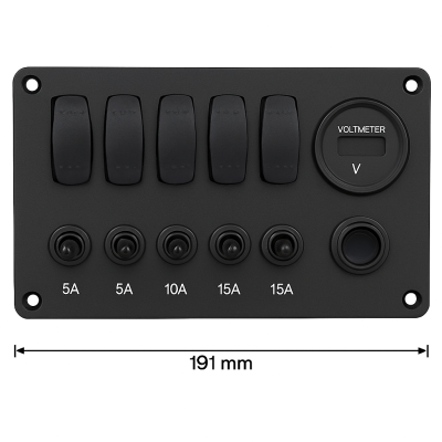 Aluminium Schwarzpanel mit Kippschaltern und Sicherungsschaltern 5 + Voltmeter (3x5a/1x10a/1x15a) Abmessungen 191 x 115 mm