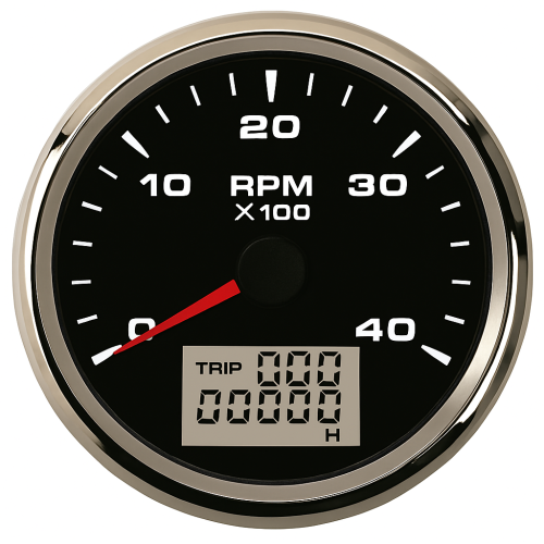 Tachometer and Hourmeter ECMS Black & Chromed 12/24V 4000 RPM 85mm Tachometer and Hourmeter ECMS Black & Chromed 12/24V 4000 RPM 85mm