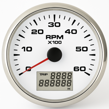 Tachometer and Hour Meter ECMS White and Chrome 12/24V 6000 85mm Tachometer and Hour Meter ECMS White and Chrome 12/24V 6000 85mm