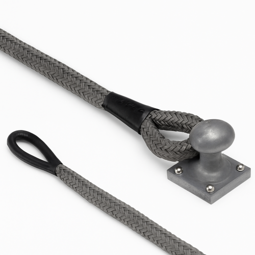 Corde d'amarrage tressée grise à 16 brins avec œil épissé en cuir noir 100cm Ø36mm 20m