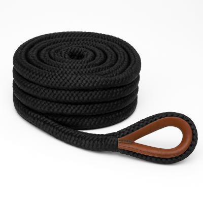 16-Strand Braided Mooring Rope in Black Polyester with Brown Leather Spliced Eye, 32mm Diameter, 20m Length 16-Strand Braided Mooring Rope in Black Polyester with Brown Leather Spliced Eye, 32mm Diameter, 20m Length