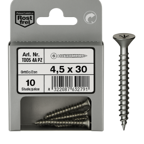 Blister 10 Stück Edelstahl-Schrauben 4,5 x 30 DIN 6112 Blister 10 Stück Edelstahl-Schrauben 4,5 x 30 DIN 6112