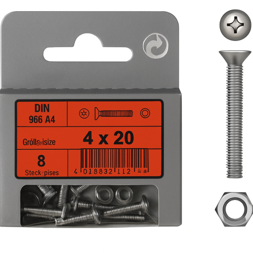 Flachkopf Phillips Maschinen-Schrauben DIN 965 + Muttern 4x12 mm Packung mit 8 Flachkopf Phillips Maschinen-Schrauben DIN 965 + Muttern 4x12 mm Packung mit 8