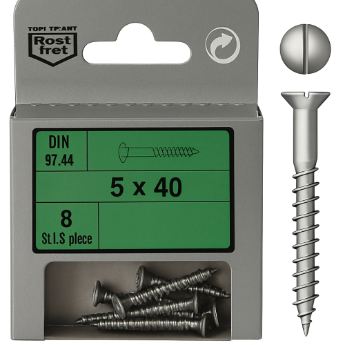 Blister 8 Stück Edelstahl-Schrauben 5 x 40 DIN 97 Blister 8 Stück Edelstahl-Schrauben 5 x 40 DIN 97