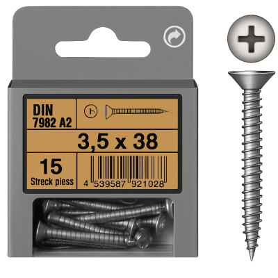 Flat Head Phillips Tapping Screws DIN 7982 mm 3.5x38 Pack of 15