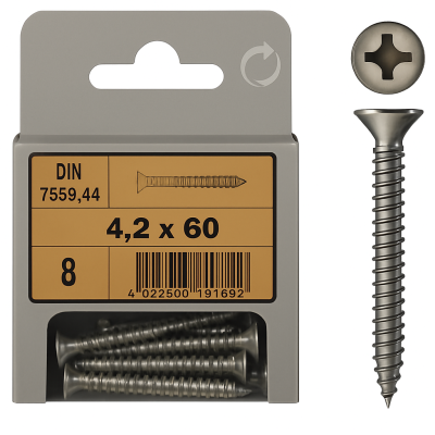 Flat Head Phillips Tapping Screws DIN 7982 mm 4.2x60 Pack of 8 pcs Flat Head Phillips Tapping Screws DIN 7982 mm 4.2x60 Pack of 8 pcs