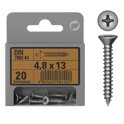 Flat Head Phillips Tapping Screws DIN 7982 mm 4.8x13 Pack of 20 Flat Head Phillips Tapping Screws DIN 7982 mm 4.8x13 Pack of 20
