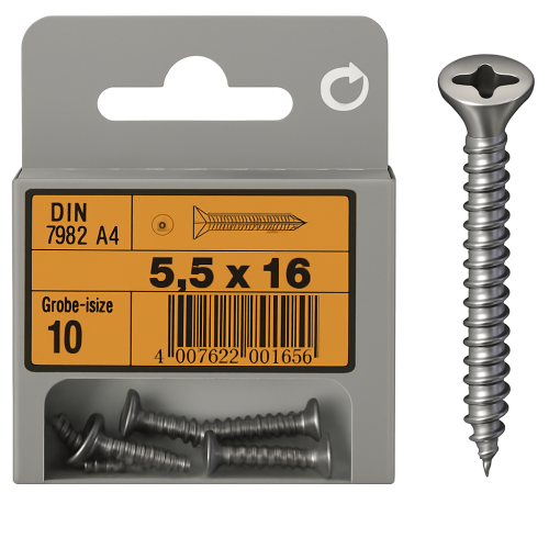 Flat Head Phillips Tapping Screws DIN 7982 mm 5.5x16 Pack of 10