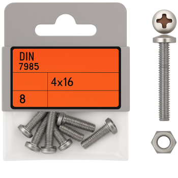 Pan Head Phillips Machine Screws DIN 7985 + Nuts 4x16 mm - Pack of 8